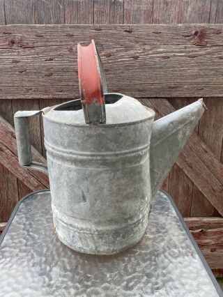 Vintage Galvanized Metal Watering Can Old Antique With Head Red Handle
