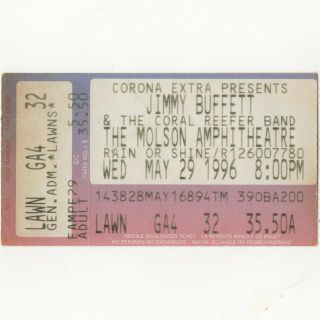 Jimmy Buffett Concert Ticket Stub Toronto Canada 5/29/96 Molson Banana Wind Rare