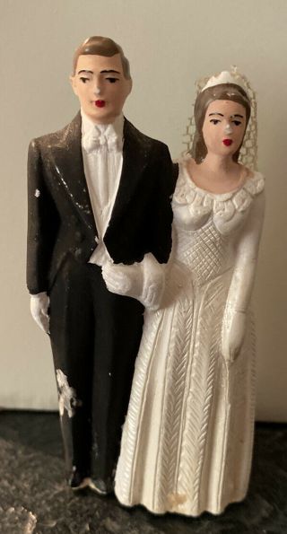 Vintage Antique Chalk Plaster Wedding Cake Topper Bride And Groom 3 1/4”