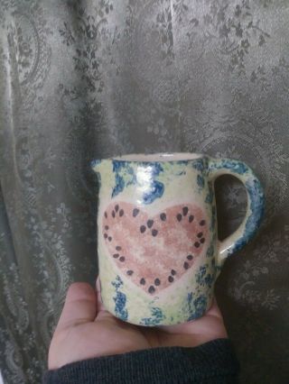 Folk Art Primitive Watermelon Heart Vintage Signed Ooak Ceramic Pitcher Ewer Wow