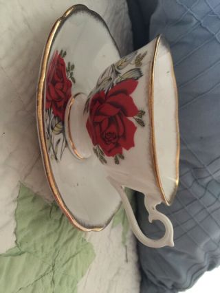 Vintage Cup And Saucer Imperial Fine Bone China England Red Rose Design