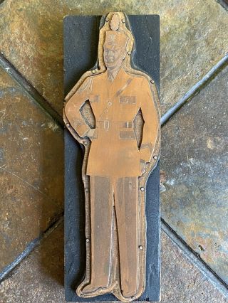Antique Wood Copper Printing Press Block Stamp Ink Military Soldier Plumed Hat