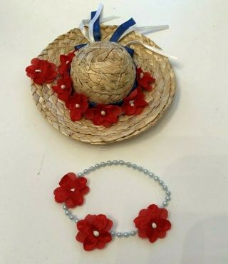 Vintage Straw Hat And Necklace Set For Barbie Doll Red White Blue Cute