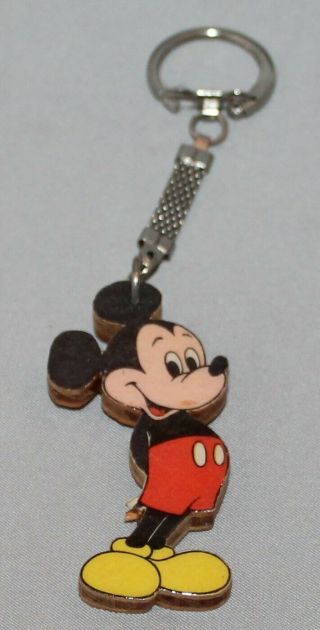 Rare Vintage Disney Mickey Mouse Wood One Sided Keychain Metal Clasp