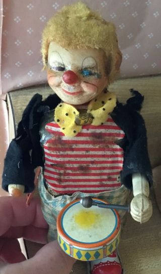 Antique Wind Up Tin Toy Clown Playing Drum