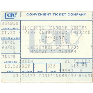 Neil Young Concert Ticket Stub Clarkston Mi 9/12/83 Pine Knob Music Theatre Rare