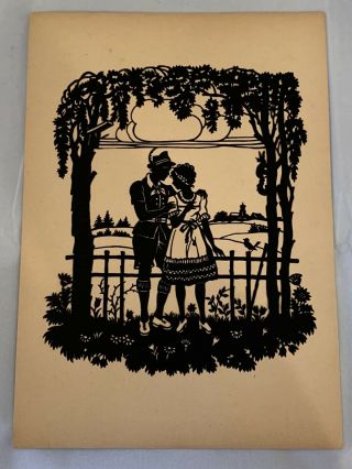 Antique 1948 Silhouette Paper Cut Preuss Man & Woman Under Arbor Scherenschnitte