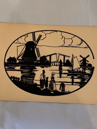 Antique 1948 Silhouette Paper Cut Preuss Windmill Landscape Scherenschnitte