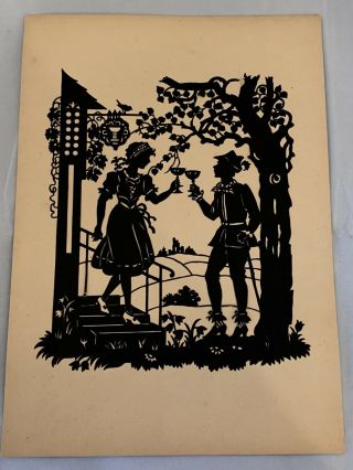 Antique 1948 Silhouette Paper Cut Preuss Boy & Girl Toasting Scherenschnitte