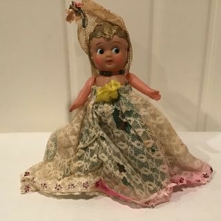 Vintage Celluloid Kewpie Carnival Doll Lace Dress Gold Hair 1930s - 1940s ?