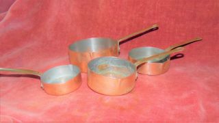 Antique French Set Of Copper &tin Skillet Measuring Cups