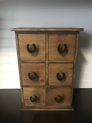 Horse Shoe Wooden Tabletop 6 Drawer Storage Chest Vintage Apothecary Great Shape