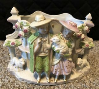 Antique Bisque Porcelain Figurine Boy And Girl Sheppards With Sheep