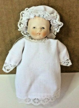Small 4.  5 " Vintage Porcelain Baby By Russ W/original Dress & Hat Miniature Rare
