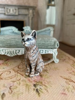 Vintage Miniature Dollhouse Artisan Sculpted Painted Tabby Cat Pet Brown Stripes