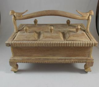 Hand Carved Wooden Tea Caddy Storage Box Chest With Handle Birds Sewing Jewelry