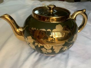 Marked Gibsons Staffordshire England Green & Gold Antique Vintage Teapot And Lid 2