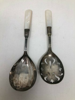 Antique Silver Plate Mother Of Pearl Handle Pair Serving Spoons