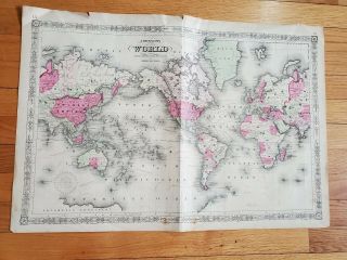 1865 Johnson Hand Colored Map Of The World On Mercator Projection Nr