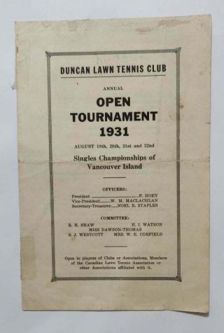 Rare Antique Canadian Program Duncan Lawn Tennis Club Open Tournament 1931