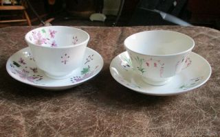 2 Antique Sprig Cup & Saucer Soft Paste Handleless Purple Green Flowers Leaves