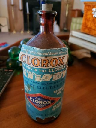 Antique Detailed Brown Glass Paper Label Stopper Clorox Bottle