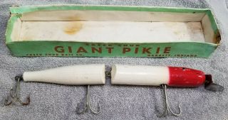 Vintage Creek Chub Jointed Wood Red & White Giant Pikie Fishing Lure Green Box