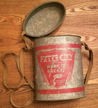 Vintage 8 " Oval Falls City Wade In Bait Minnow Bucket With Lid & Canvas Strap