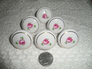 6 Vtg White Porcelain Draw Pulls With Pink Roses