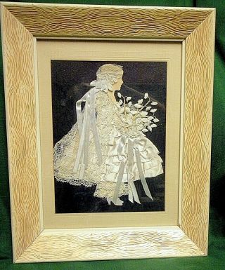 Framed Vintage Ribbon Art Paper Doll Wedding Bride Girl Flowers Lace 1930s