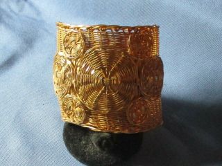 Vintage Gold - Tone Metal Etruscan Style Wide Cuff Bangle Bracelet