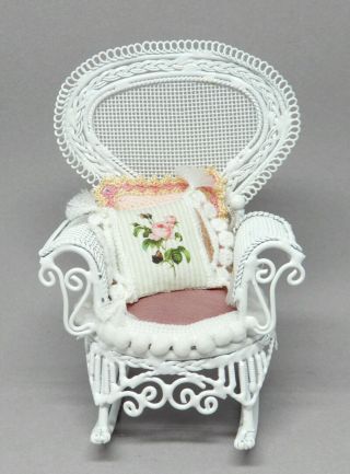 Vintage Metal Wicker Chair W Pillows Artisan Dressed Dollhouse Miniature 1:12