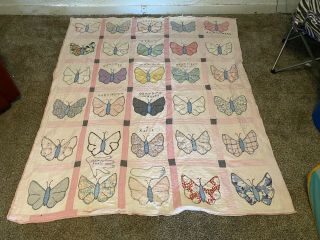 Antique Hand Stitched Feedsack Butterfly Friendship Panel Quilt