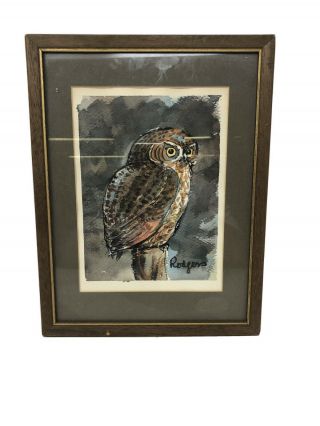 Vintage Mid Century Modern Owl Oil Painting Signed Rodgers Wall Hanging