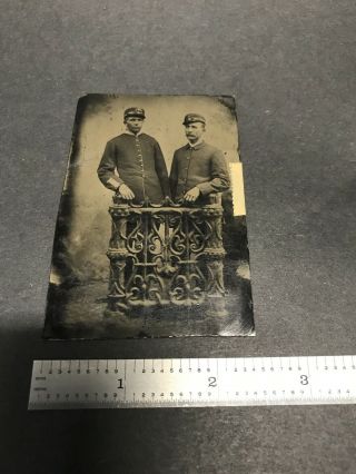 Antique Tin Photo Of Two Men In Military Uniform,  Possibly Civil War Era
