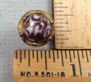 Agate Ball Antique Glass Button,  1800s,  Set In Brass,  Decorative Border