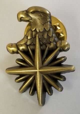 Cia Eagle Head 3d Compass Star 1 " Tall Antique Brass Hat / Lapel Pin / Tie Tack