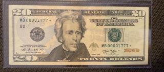 2013 20$ Star Note Bill Mb00001777 Very Rare With Low Serial Number