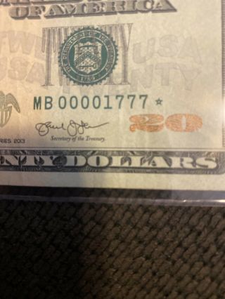 2013 20$ Star Note Bill MB00001777 Very Rare With Low Serial Number 3