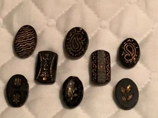 Victorian Antique Lozenge Oblong Incised Gold Luster Black Glass Buttons