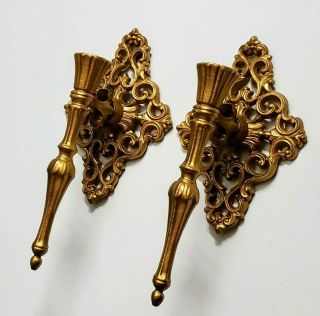 Vintage Wall Candle Sconces Gold Tone Ornate Metal Brass Wall Candle Holders 11 "