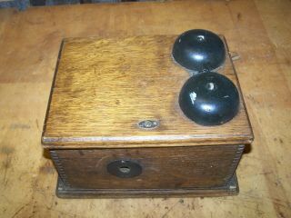 Antique Hand Crank Oak Wood Telephone Ringer Box W/u.  S.  Navy Ensignia
