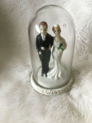 Vintage Bride & Groom Wedding Cake Topper Figure Glass Dome 1930 