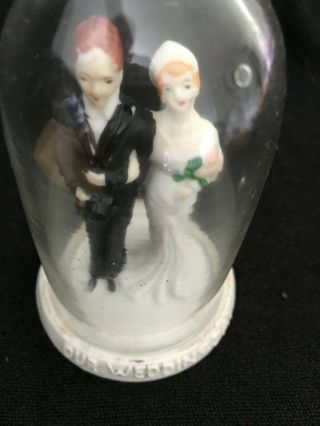 Vintage Bride & Groom Wedding Cake Topper FIGURE GLASS DOME 1930 ' S 2