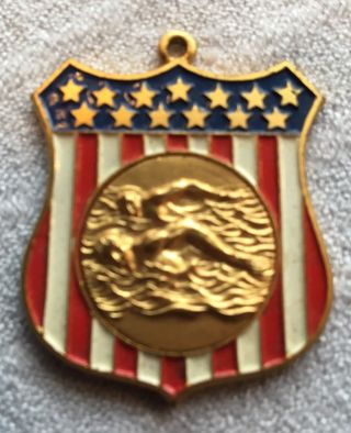 Antique Patriotic Rw&b American Flag Shield Competitive Swimming Medal Charm