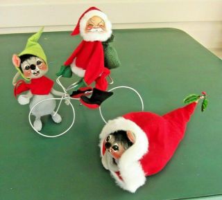 3 Vintage 1971 Annalee Dolls Santa On Bicycle - Mouse In Santa Hat - Christmas Mouse