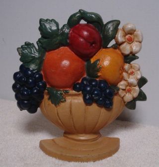 Antique Vtg Cast Iron Doorstop Fruit Bowl W Apple Flowers Orange Grapes Pear Urn