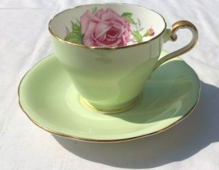 Aynsley Vintage Lime Green Tea Cup And Saucer Pink Roses Teacup England