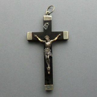 French Antique Religious Ebony & Silver Pendant Crucifix Jesus Christ Cross