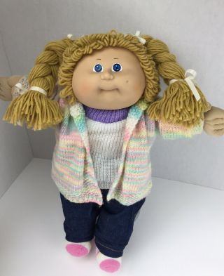 Vintage 1985 Cabbage Patch Kids Girl Doll Gold Yarn Hair Braids Blue Eyes 16”